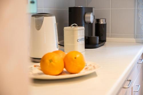 two oranges on a plate on a kitchen counter at Fjordhaus Edersee in Edersee
