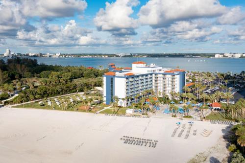 an aerial view of a resort with a beach at Clearwater Beach Sheraton Resort on Sand Key in Clearwater Beach