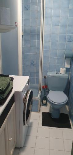 une salle de bain bleue avec des toilettes et un lavabo dans l'établissement L'Amazone Studio 25m2 Wifi climatisé avec loggia, à La Grande Motte