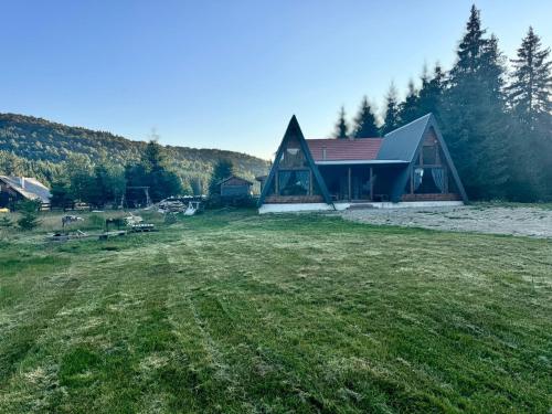 a large house in the middle of a field at CabanA Comandău in Comandău