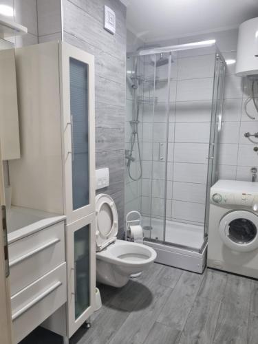 ein Badezimmer mit Toilette und Glasdusche in der Unterkunft Exclusive Kiseljak apartman in Kiseljak