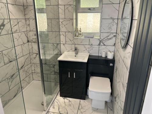a bathroom with a toilet and a sink and a shower at Sharpley Hall Garden Studio in Durham