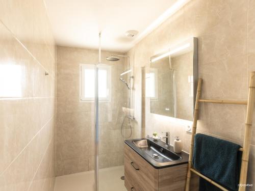 une salle de bain avec un lavabo et une douche dans l'établissement Villa Piscine 20 min de Toulouse, à Fontenilles