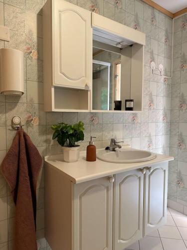 a bathroom with a sink and a mirror at Hus med panorama utsikt in Måløy