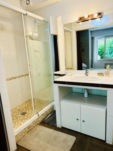 une salle de bain avec un lavabo et une douche dans l'établissement 2 Bedrooms Paris Near Tour Eiffel Free Parking High security, à Paris