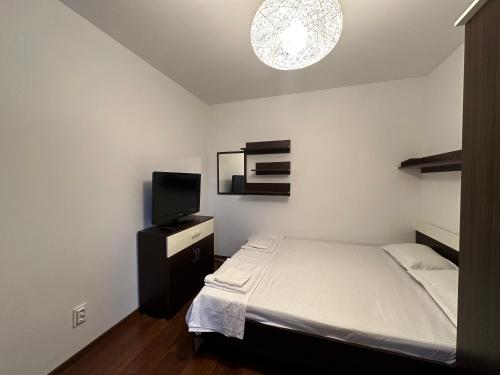 a bedroom with a bed and a flat screen tv at Zlata Cozzy Apartment USV in Suceava