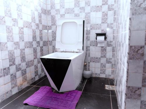 a bathroom with a toilet and a purple rug at 247 Luxury Hotel in Lekki