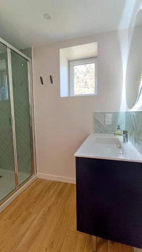 une salle de bain avec un lavabo et une douche en verre dans l'établissement Arpent, à Garnerans