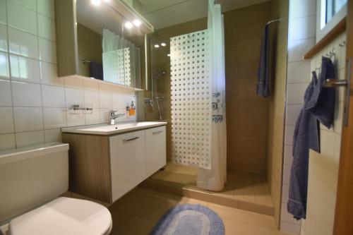 a bathroom with a sink and a toilet and a mirror at Chalet Christina 7 in Arosa