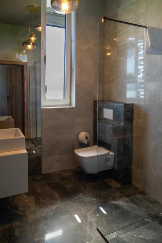 a bathroom with a toilet and a glass shower at Bianco in Zawadka Brzostecka