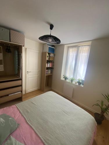 une chambre avec un grand lit et une fenêtre dans l'établissement Appartement confortable Stade de France, à Saint-Denis