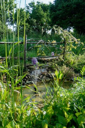 a garden with a fence and a pond at La Bicyclette - Chambres d'hôtes in Chisseaux