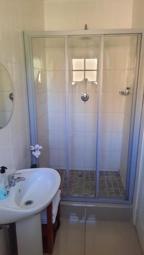a bathroom with a shower with a sink and a toilet at Olive Country Lodge - Eswatini in Ngwempisi