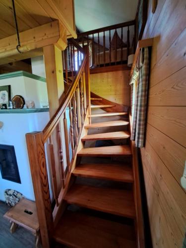a staircase in a cabin with wood paneling at Ferienhof Brunbacher Wolfgangsee in St. Wolfgang