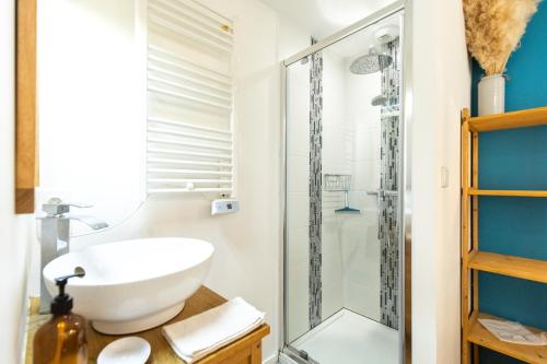 un baño con lavabo y ducha en Chaumière des Dunes à 350m de la plage de Kerhillio, en Erdeven