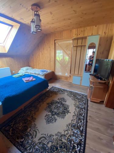 a bedroom with a bed and a television and a rug at У Галини in Lazeshchyna