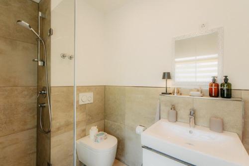 a bathroom with a toilet and a sink and a shower at PauliDrei in Leipzig