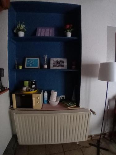 une chambre dotée d'une paroi bleue avec un radiateur et une lampe dans l'établissement Chambre spacieuse dans joli village alsacien, à Châtenois