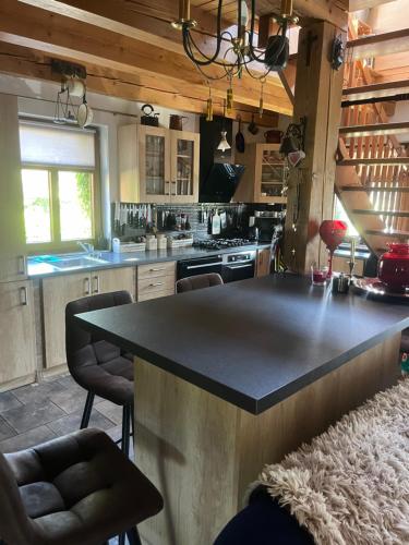 a kitchen with a large black island in the middle at Gregor in Pravonín