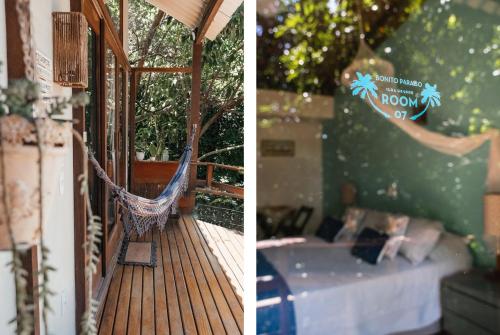 two pictures of a porch with a hammock and a room at Bonito Paraiso Ilha Grande in Abraão