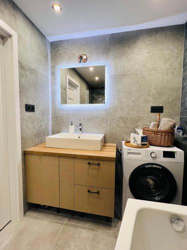 a bathroom with a sink and a washing machine at Sparrow apartmens - Superior family in Košice
