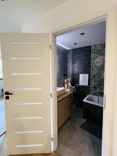 a bathroom with a white door and a sink at Sparrow apartmens - Superior family in Košice