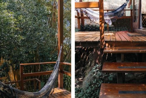 two pictures of a hammock on a wooden deck at Bonito Paraiso Ilha Grande in Abraão