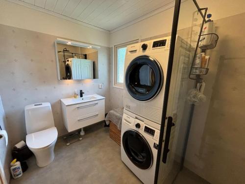 ein Badezimmer mit Waschmaschine und Waschbecken in der Unterkunft Emma's country cottage in southern Sweden in Älghult
