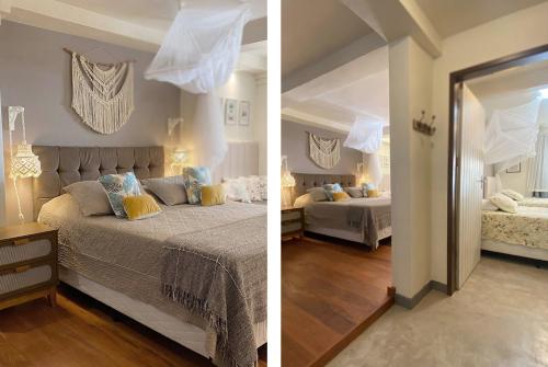 two pictures of a bedroom with a bed and a mirror at Bonito Paraiso Ilha Grande in Abraão