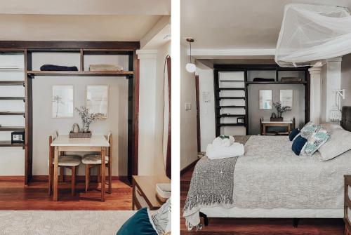two pictures of a bedroom with a bed and a table at Bonito Paraiso Ilha Grande in Abraão