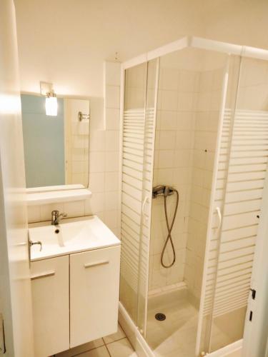 une salle de bain blanche avec une douche et un lavabo dans l'établissement Cosy Courtesoun, à Courthézon