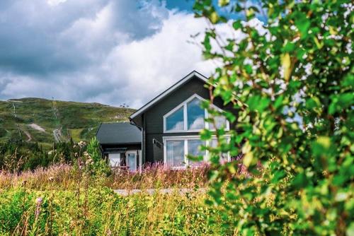 a black house sitting on top of a field at Trillevallens Högfjällshotell & Lägenheter in Trillevallen
