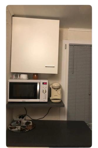 une cuisine avec un micro-ondes et un plan de travail dans l'établissement Studette indépendant climatisé, à Marseille