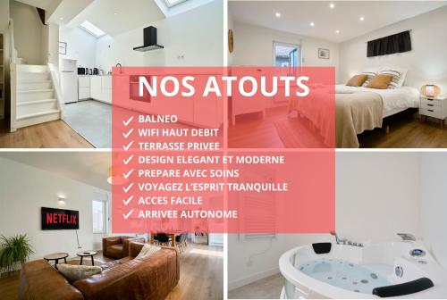 un collage de photos d'une chambre et d'une salle de bains dans l'établissement La Papeterie - Les Demeures d'Adrien, à Péronne-en-Mélantois