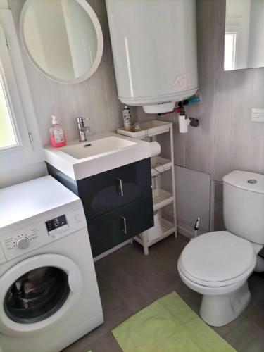 une salle de bain avec une machine à laver et un lavabo dans l'établissement Studio charmant à Vierville-sur-Mer - 30m² avec jardin, à Vierville-sur-Mer