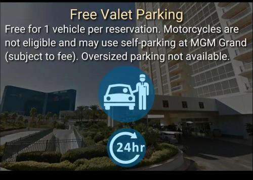 a sign that says free parking in a city at MGM Signature-22-711 Strip View Jacuzzi Studio in Las Vegas