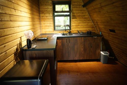 a kitchen with a sink and a window in a room at Villa Hideaway - Secluded A-Frame Stay in Sighnaghi