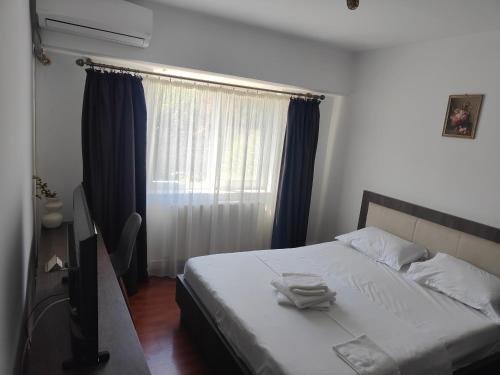 Un dormitorio con una cama y una ventana con cortinas azules. en Mari's By The Sea, en Mangalia