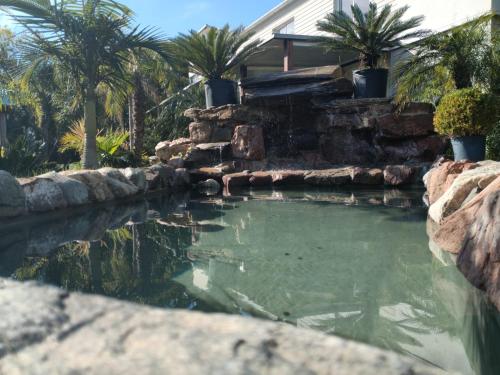 a pool of water with palm trees and a house at Cabañas DELUXE DUNAS DEL ESTE in Punta Colorada