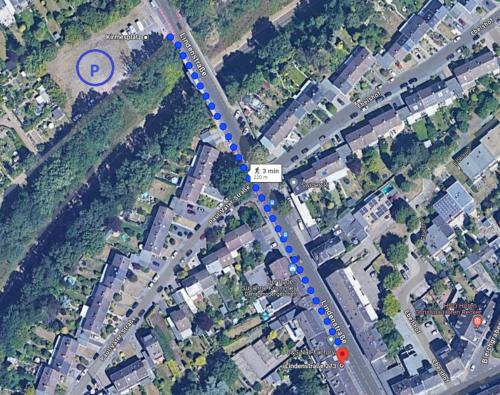 a map of a street with blue dots on it at Schöne Apartments am Wasserturm Mönchengladbach MG33 und MG34 in Mönchengladbach
