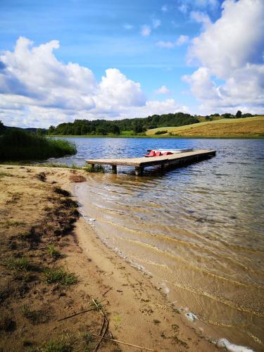 a dock on a lake with a boat in the water at Dom wczasowy Rychertówka in Grzebieniec