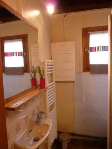 une salle de bain avec un lavabo, des toilettes et un miroir dans l'établissement Grand appartement dans chalet en bordure de forêt - Lac de Matemale, à Matemale