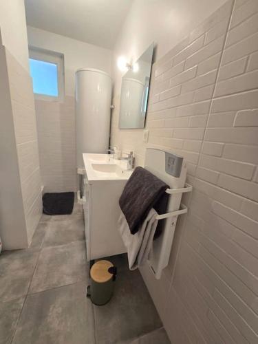 une salle de bain blanche avec un lavabo et un miroir dans l'établissement Maison avec Spa et Piscine, à Vieille-Toulouse
