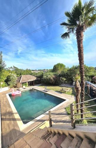 - une piscine avec un palmier à côté d'une maison dans l'établissement Maison avec Spa et Piscine, à Vieille-Toulouse