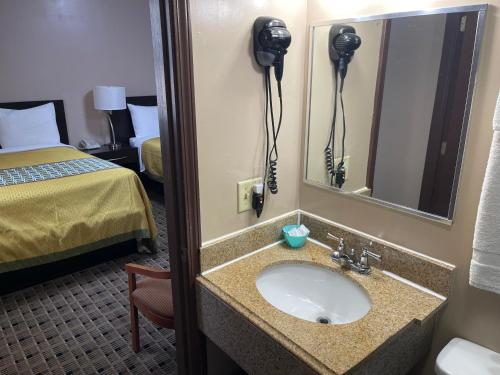 a bathroom with a sink in a hotel room at Economy Inn & Suites in Ashtabula