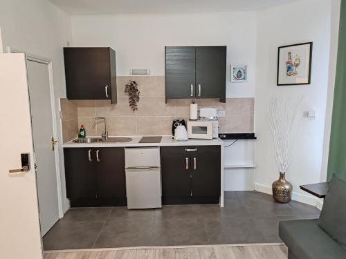 a small kitchen with a sink and a microwave at Kilburn High Road Studio apartments in London