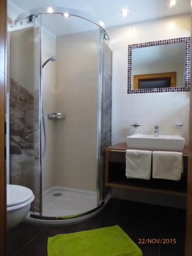 a bathroom with a shower and a sink and a toilet at Vermunt - Silvretta Sommer Premium Card inklusive in Galtür