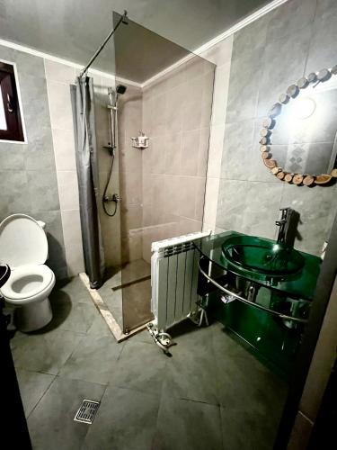 a bathroom with a green sink and a shower at Villa Capricorn in Tsigov Chark