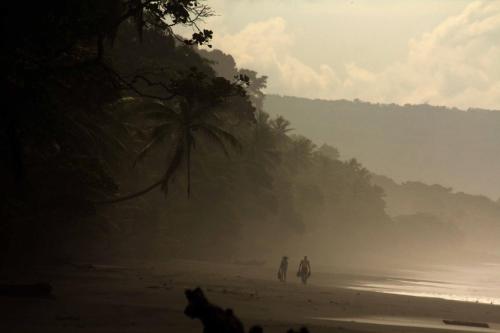 two people and a dog walking on a beach at La Leona Eco Lodge in Carate
