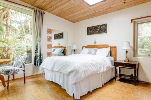 a bedroom with a bed and a desk and a window at Hale Kumu La'au- A'a in Volcano